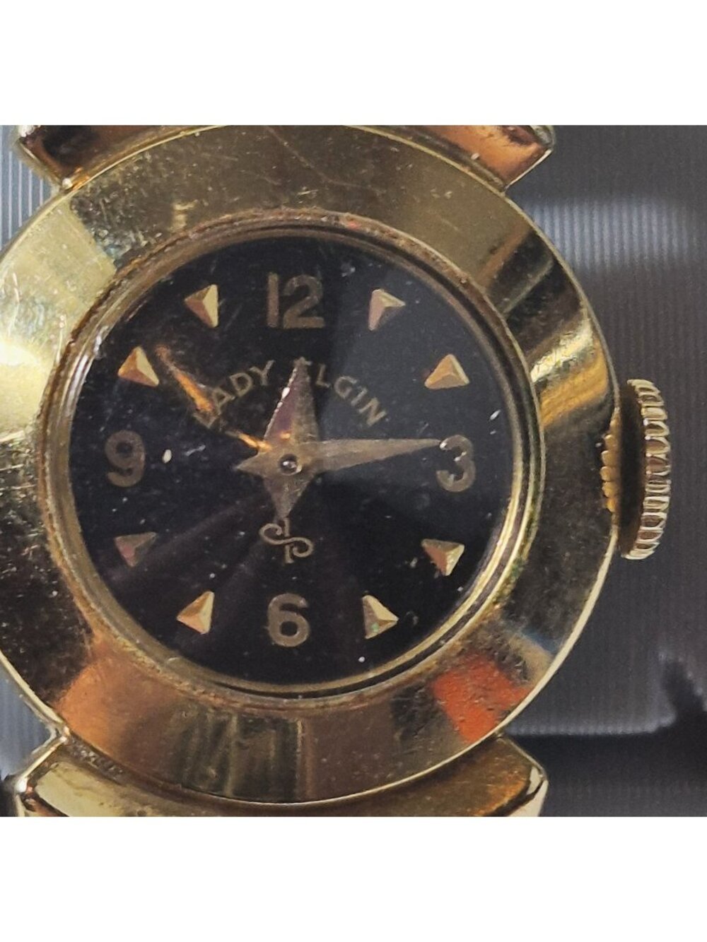 Vintage Lady Elgin 14K Gold Filled Ladies' Watch Black Dial Speidel USA Wind Up